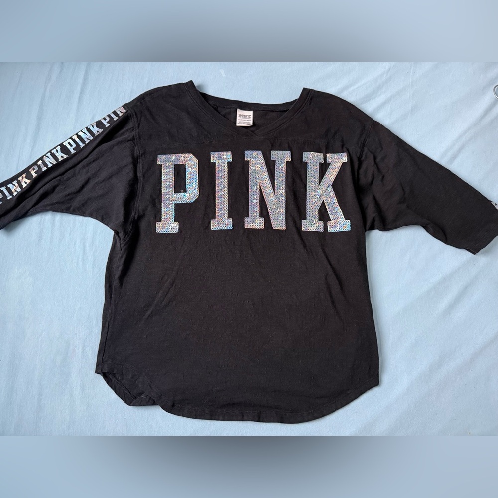 Sequin PINK Victoria's Secret Black Tee with Glitter Lettering - Picture 2 of 5